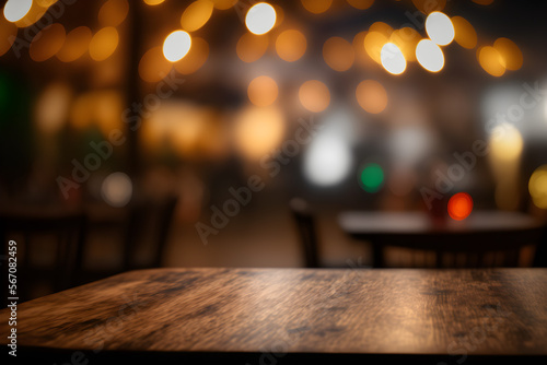 Empty wood table top and blur of glittering shine bulbs night light Christmas New Year Celebration. background selective focus. For montage  product display holiday festival backdrop