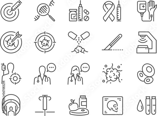 Oncology icon set. Included the icons as cancer, treatment, radiation therapy, targeted therapy, medical, and more.
