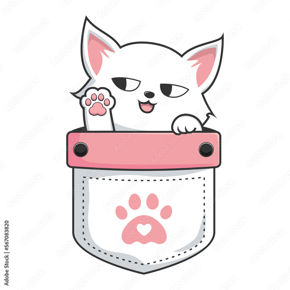 White Cat in Pocket - Cute White Pussy Cat in Pouch - waving paws