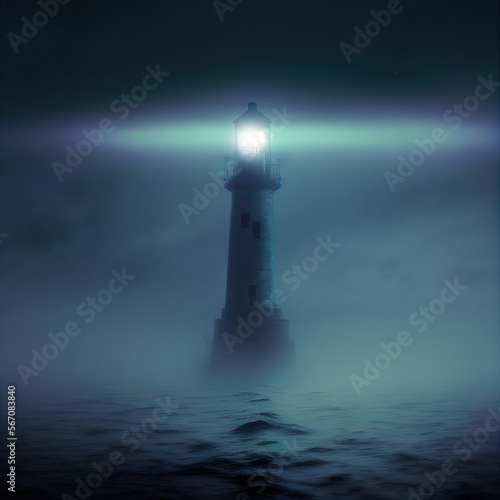 Lonely lighthouse on island shining in the evening fog