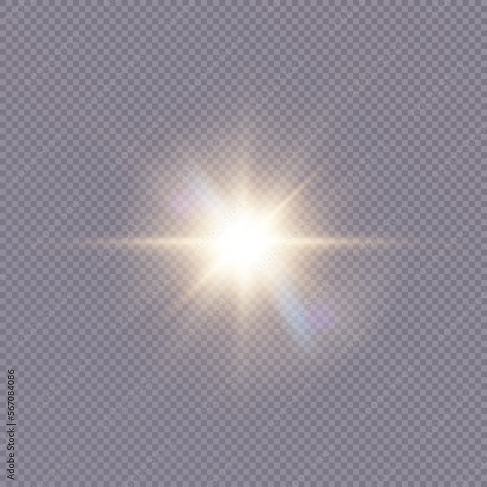 Bright flash of light and glare. Light beam. Beautiful light flashes. New star. Sun. Editable vector.	
