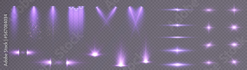 Glow stars of bright light on a transparent background. Collection of blurred spotlight light vectors. Flash, sun, flicker.