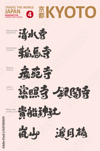 日本，京都，Design of Chinese character titles of characteristic sightseeing spots in Kyoto 4, historical sites, humanities, sightseeing and tourism promotion, vector text material.