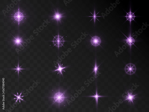 Glow of purple light stars on a transparent background. Blurred light vector collection. Flash, sun, flicker.