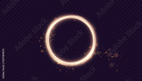 Light gold circle. Round golden line light effect. Glowing golden circle with neon effect. PNG frame for web design and illustrations vector