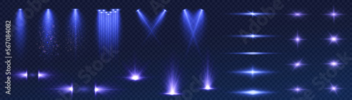 Glow of blue light stars on a transparent background. Collection of blurred spotlight light vectors. Flash, sun, flicker.