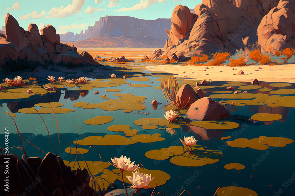 Desert pond with water lilly flower