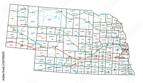 Nebraska road and highway map. Vector illustration.