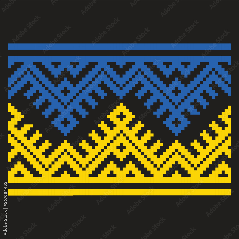 Flag of Ukraine yellow and blue pattern background. Ukrainian ornament. Ornaments embroidered on clothes. Flag of Ukraine embroidered on a black background. handmade cross-stitch
