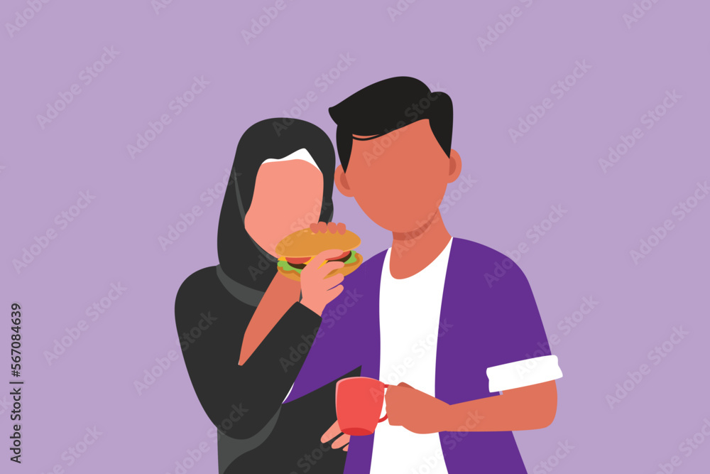 Character flat drawing man and woman eating one burger together. Happy Arab couple sharing hamburger. Celebrate wedding anniversaries and having lunch at restaurant. Cartoon design vector illustration Character flat drawing man and woman eating one burger together. Happy Arab couple sharing hamburger. Celebrate wedding anniversaries and having lunch at restaurant. Cartoon design vector illustration