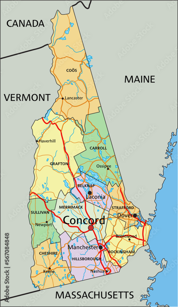 New Hampshire - Highly detailed editable political map with labeling ...