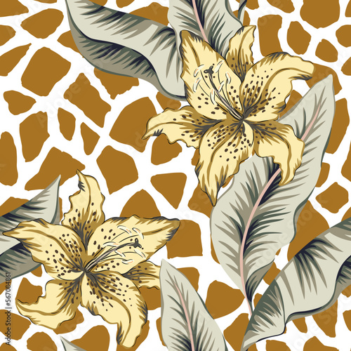 Tropical lily flowers, banana palm leaves, giraffe animal print background. Vector seamless pattern. African illustration. Exotic plants. Summer beach floral design. Nature