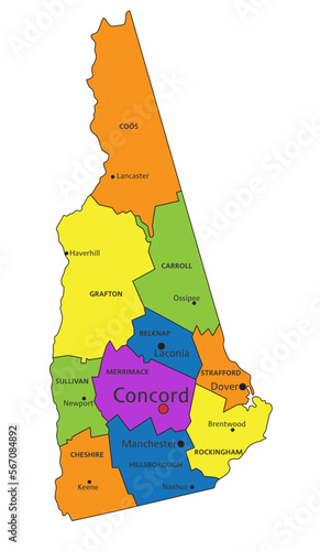 Colorful New Hampshire political map with clearly labeled, separated layers. Vector illustration.