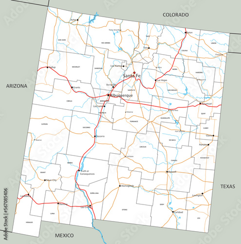 High detailed New Mexico road map with labeling. photo