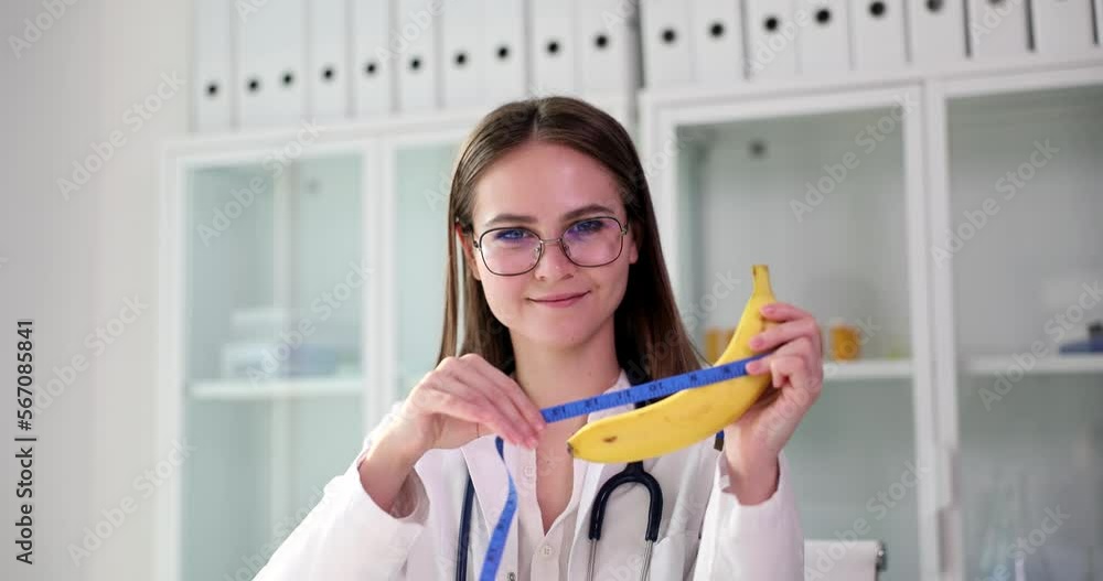 Doctor plastic surgeon holds a banana and measuring tape in hands Doctor plastic surgeon holds a banana and measuring tape in hands