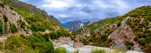 panoramic view of mountainous river bend in lahij, azerbaijan in summer