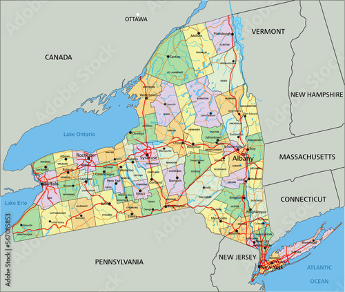 New York - Highly detailed editable political map with labeling.