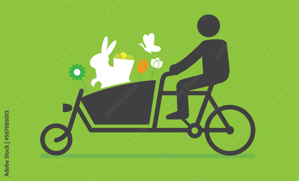 Happy Easter Greeting Card. Easter shopping with a cargo bike