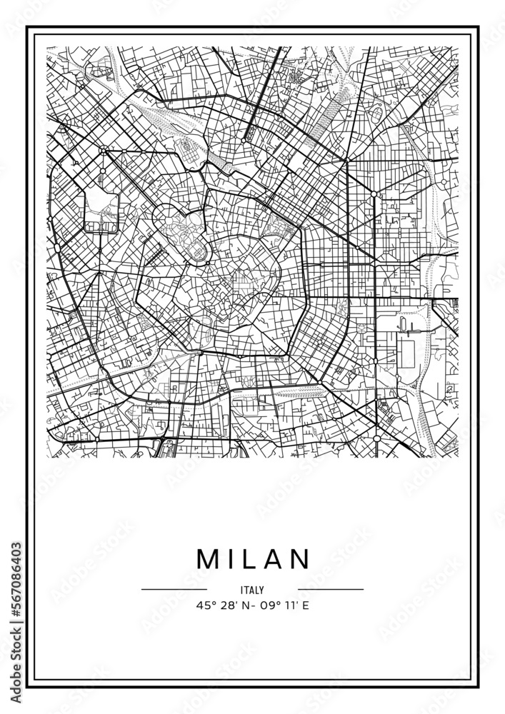 Fototapeta premium Black and white printable Milan city map, poster design, vector illistration.