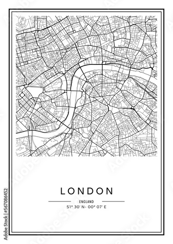 Black and white printable London city map, poster design, vector illistration.