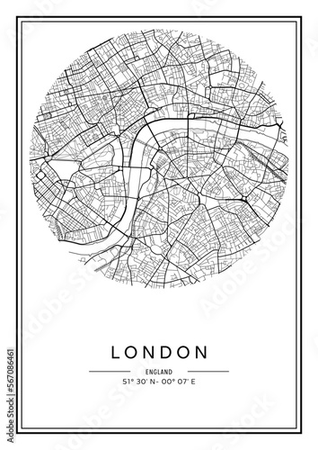 Black and white printable London city map, poster design, vector illistration.