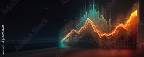 Business economic charts with light effects, neon. Abstract neon background, growth and fall analytics. AI photo