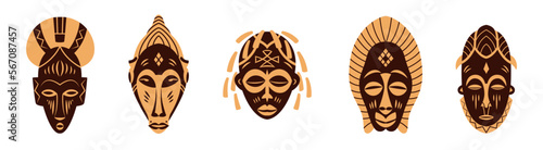 Set of African ethnic tribal ritual masks isolated on white background. Ritual symbols. Two colours. Vector illustration