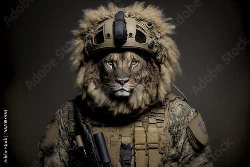 Portrait of a lion dressed in a military uniform, generative ai