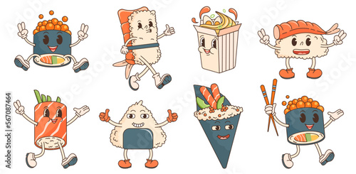 Cartoon character retro asian food 70s. Big set with sushi, ramen, roll. In trendy groovy hippie retro style. Vector illustration.