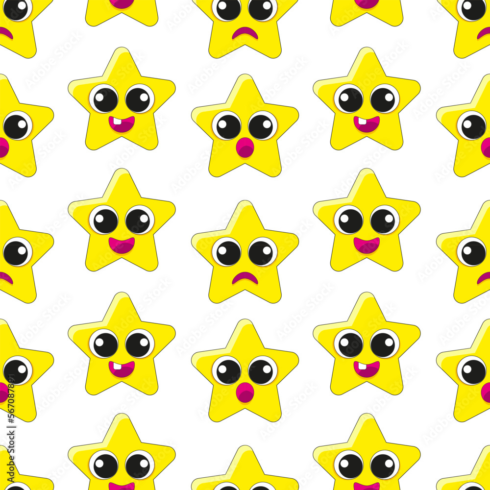 Stars vector seamless pattern. Cute baby fabric print. yellow elements. Star with eyes. Emotions. Stickers. Icons. Yellow stars on a white background. Art. Fantasy. Cartoon pattern. Stars vector seamless pattern. Cute baby fabric print. yellow elements. Star with eyes. Emotions. Stickers. Icons. Yellow stars on a white background. Art. Fantasy. Cartoon pattern.