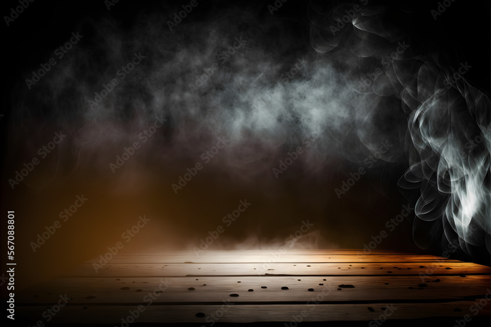 Fog In Darkness background - Smoke And Mist On Wooden Table - Abstract And Defocused Halloween Backdrop