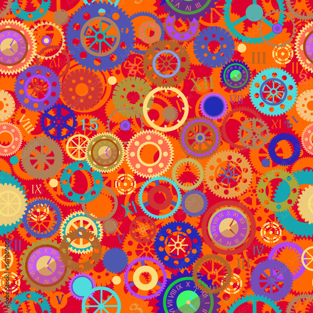 Collection of bright red cogwheels and gears seamless pattern