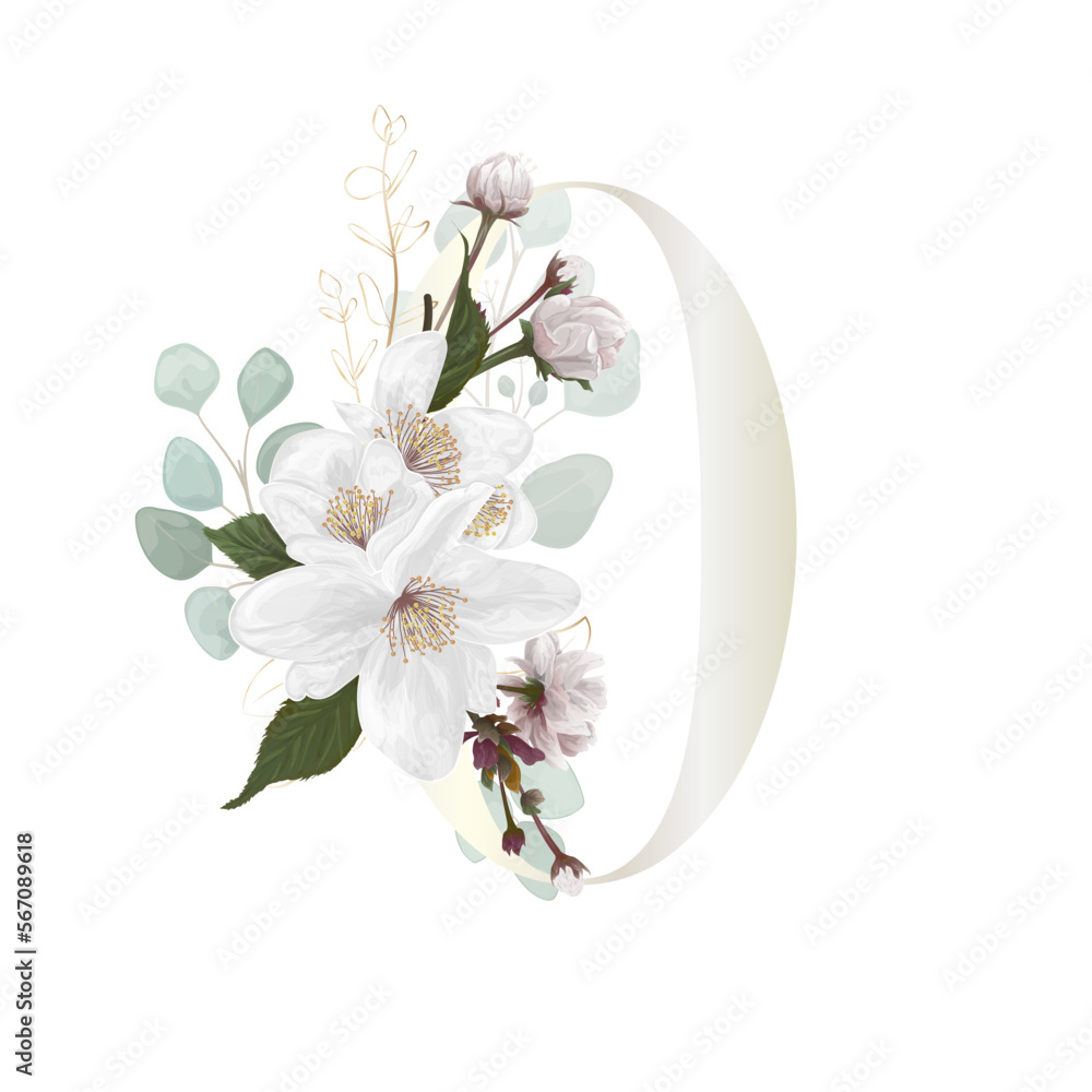Naklejka premium Floral Number. Digit with white botanic springs flowers, and branch bouquet composition. Wedding invitations, birthdays. Vector illustration.