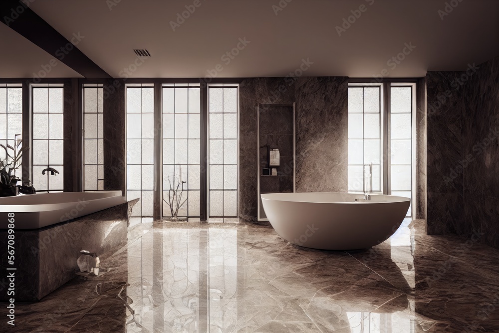 Luxury bathroom with marble. Modern interior hotel or home design with clean and elegance space. Natural lighting window. Generative AI illustration Luxury bathroom with marble. Modern interior hotel or home design with clean and elegance space. Natural lighting window. Generative AI illustration