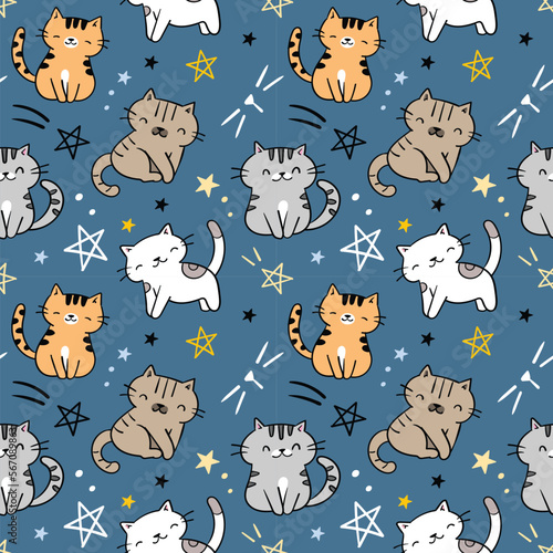 Seamless Pattern with Cartoon Cat and Star Design on Dark Blue Background