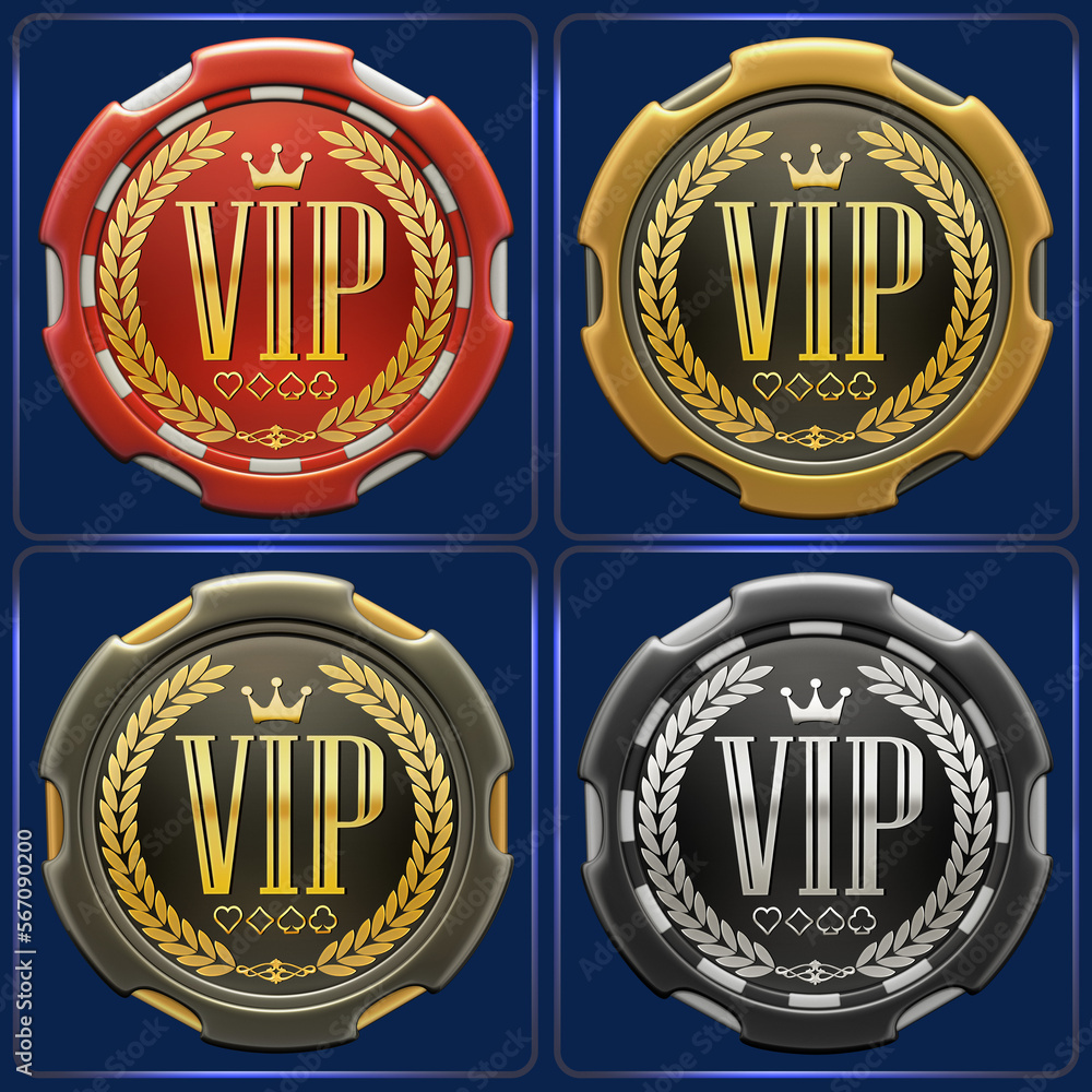 A set of poker chips with the sign "V.I.P" printed on each of them. They are adorned with a laurel wreath, a symbol of excellence, a perfect choice for advertising exclusive poker events. 3D render  - obrazy, fototapety, plakaty 