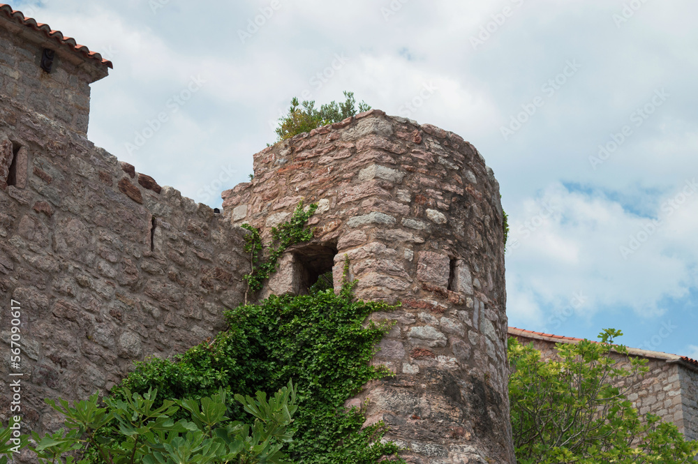 A fragment of a medieval fortress overgrown with green plants. Ancient castles, historical buildings and ancient cities. Ruins of a stone fortress tower.