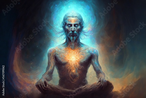 Man in meditation nirvana enlightenment illustration generative ai © Roman