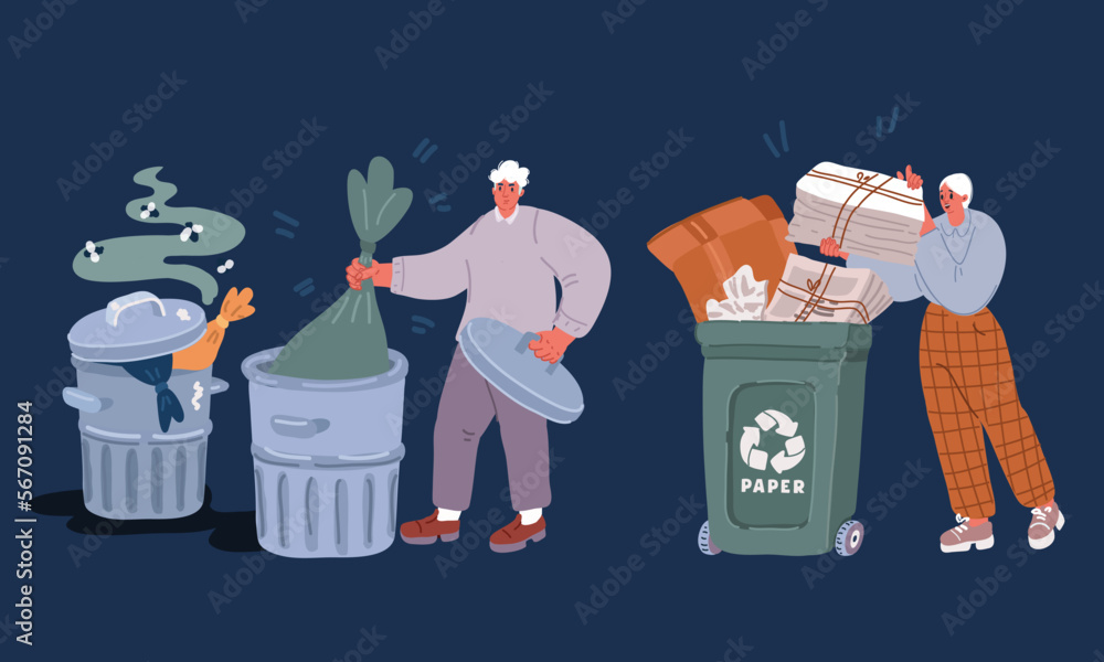 Cartoon vector illustration of Correct and wrong behavior of littering