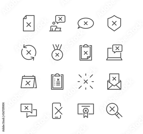 Set of reject related icons, refuse, cancellation, decline and linear variety vectors.