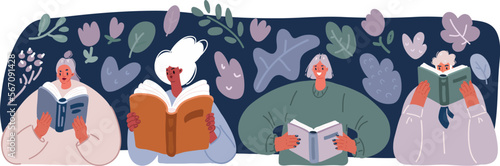 Cartoon vector illustration of Bookcrossing concept. Happy people exchanging, borrowing and recommending paper books. Group of man and woman reading. Readers swap literature.
