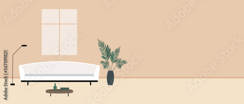 Living room without people. Copy space template. Modern living space without people. Flat vector illustration. Room with white sofa, coffee table, lamp, potted plant, window. illustration for design photo