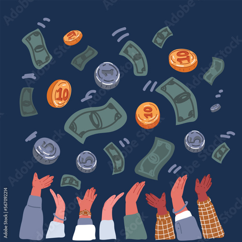 Cartoon vector illustration of People catch money. Catching flying money coins, success business concept