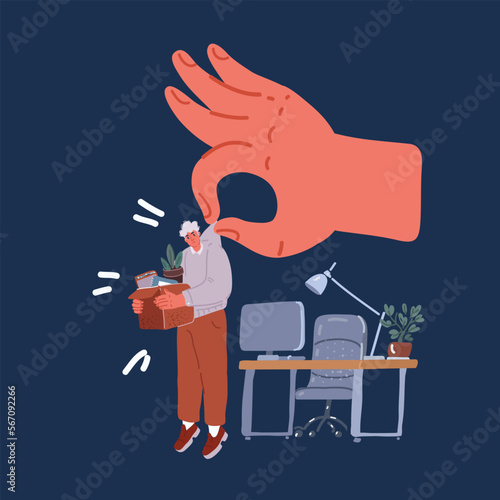 Cartoon vector illustration of Dismissal employee. Fired sad male office worker carrying box, Unemployment and Jobless concept.