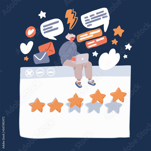 Cartoon vector illustration of Consumer review and 5 stars rating. Smiling woman sitting on browser window. Customer feedback and positive rating for goods