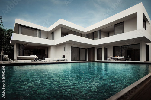 Luxury pool villa spectacular contemporary design digital art real estate , home, house and property, Generative AI illustration. © Interior Stock Photo