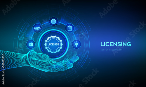 Licensing icon in robotic hand. License agreement. Copyright protection law license property rights. Business technology concept. Vector illustration.