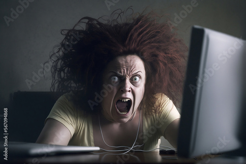 femme en train de se tirer les cheveux devant son ordinateur portable - illustration ia