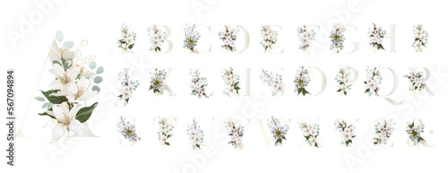 Floral Alphabet. Letters with white botanic springs flowers, branch bouquet composition. Wedding invitations, birthdays. Vector illustration.