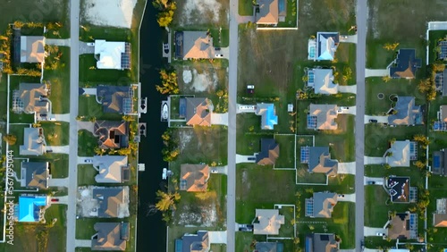 Aerial overhead drone video residential homes in Cape Coral FL USA photo
